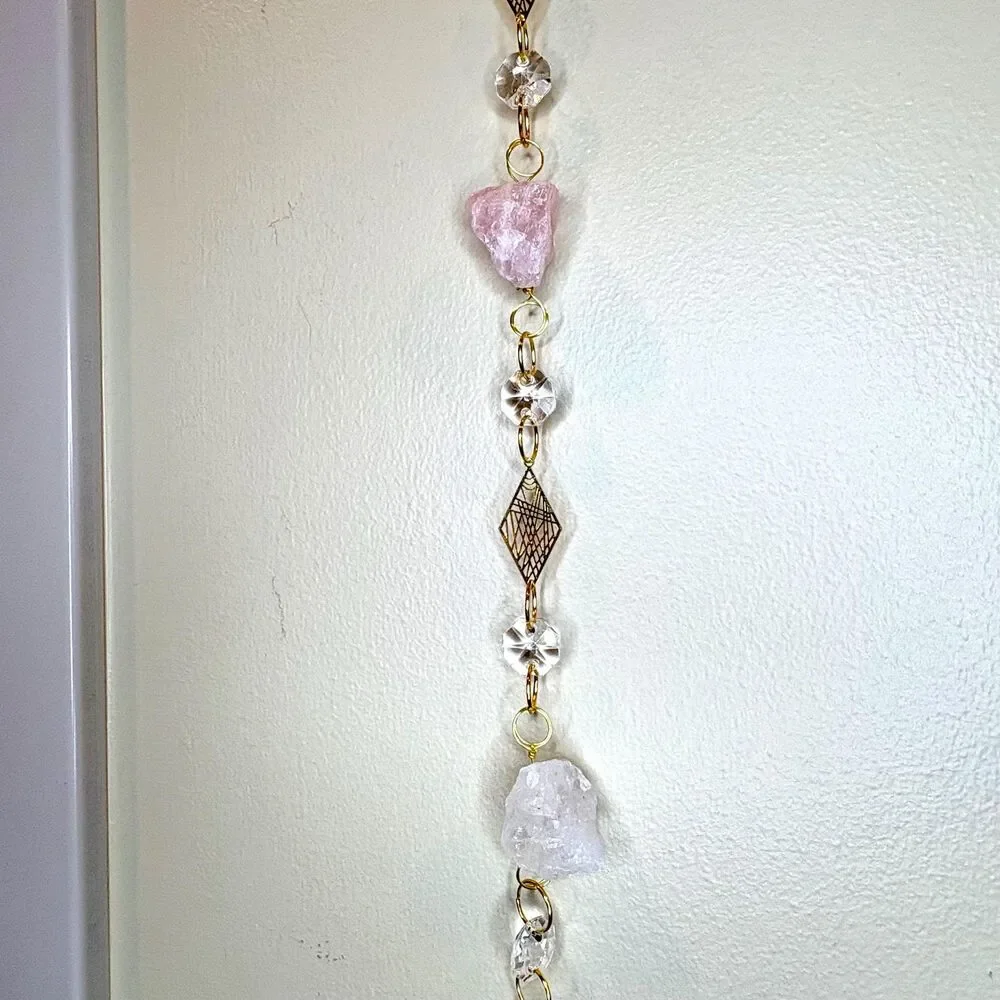 Raw Amethyst, Rose Quartz, Crystal Quartz Gemstone Wall Hanging, Crystal Prism
